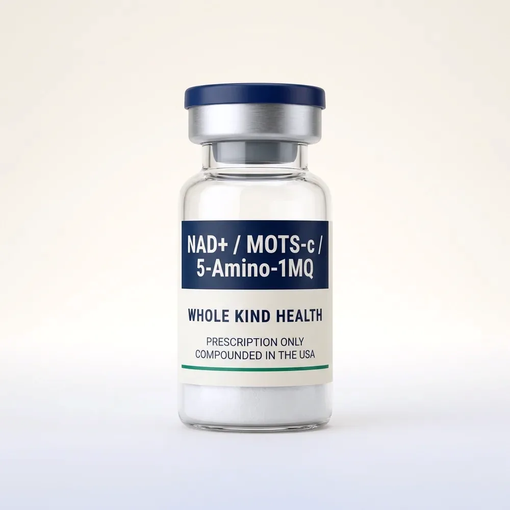 NAD+ / MOTS-c / 5-Amino-1MQ from Whole Kind Health, lyophilized powder vial, subcutaneous injection